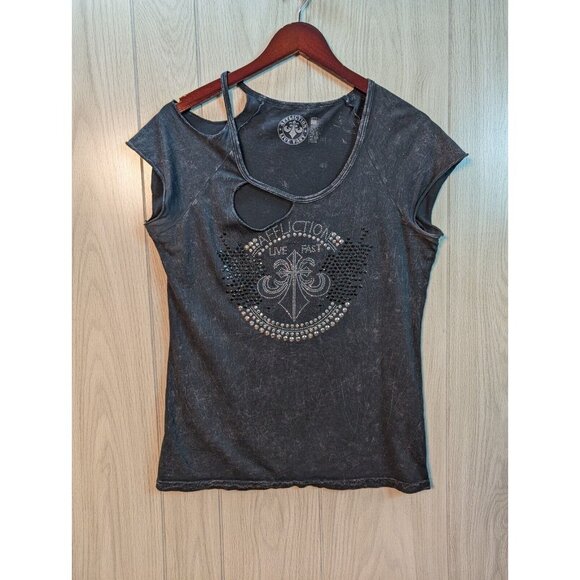 Affliction Live Fast American Customs T-Shirt Women's Size Medium Ripped Studded - Picture 1 of 6